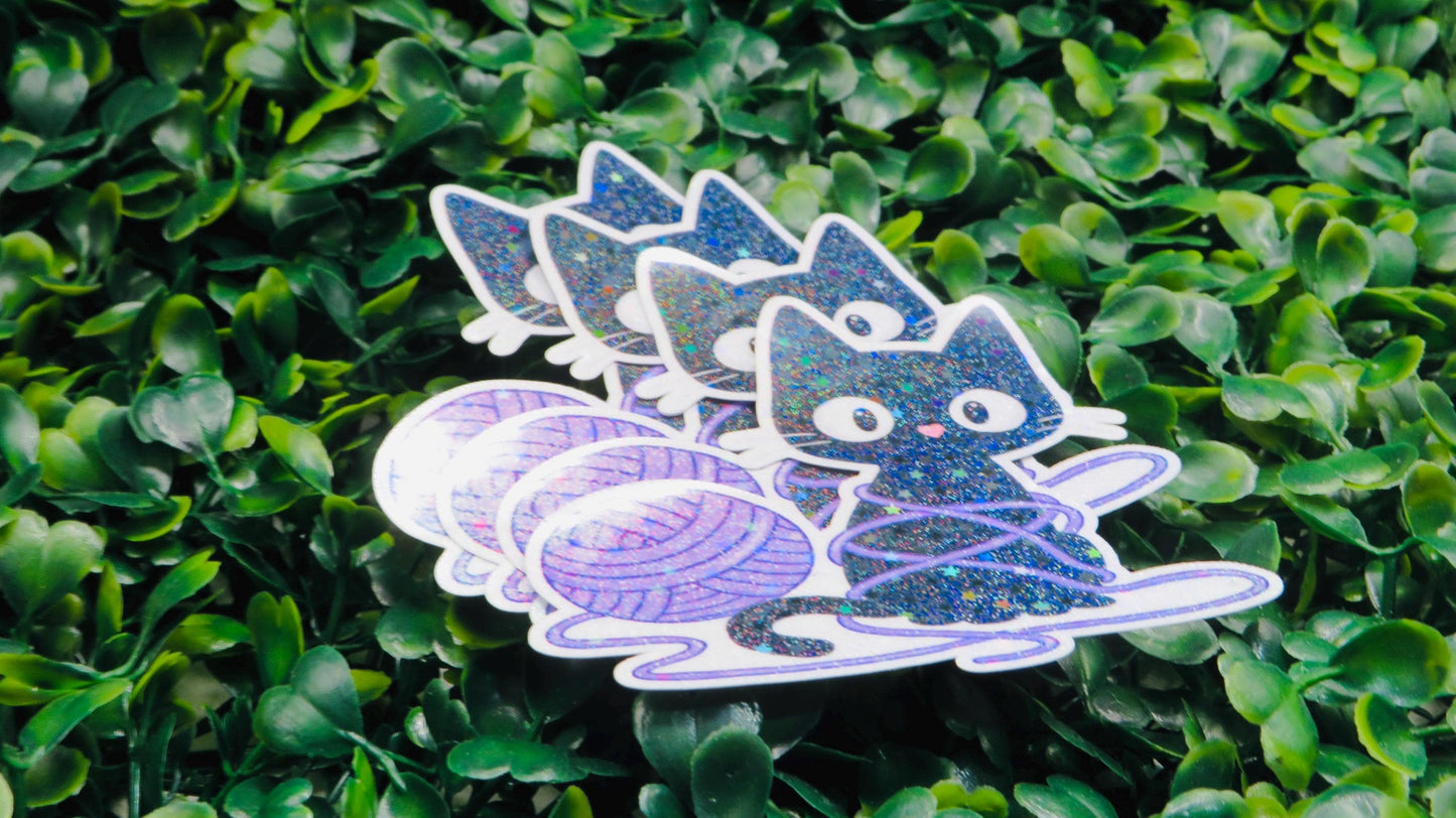 Holographic Black Cat Yarn Sticker: Kawaii Cosmic Kitty Vinyl Decal