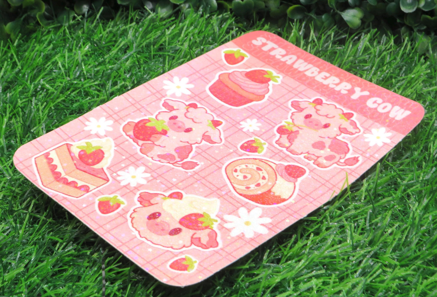Strawberry Cow Sticker Sheet: Kawaii Vinyl Stickers with Holographic Finish