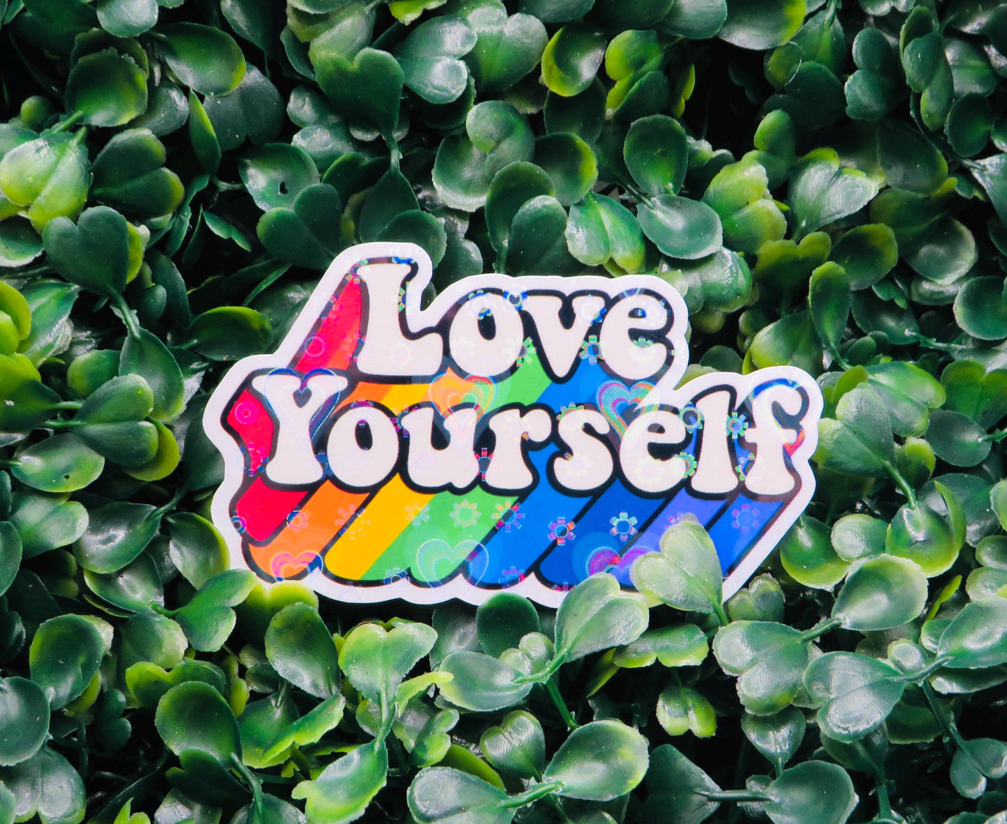 Holographic Rainbow Pride Sticker: Love Yourself Retro Vinyl Decal