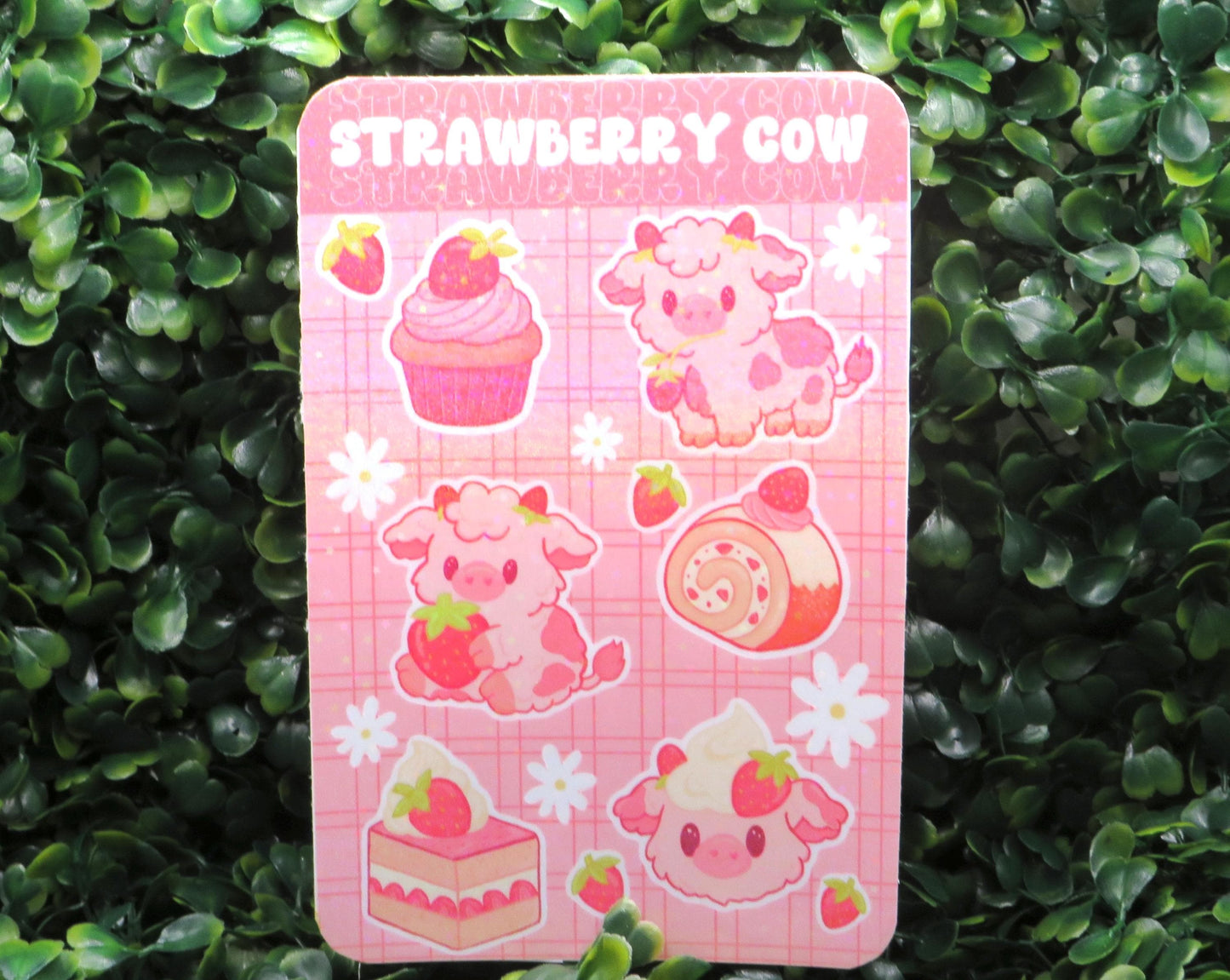 Strawberry Cow Sticker Sheet: Kawaii Vinyl Stickers with Holographic Finish