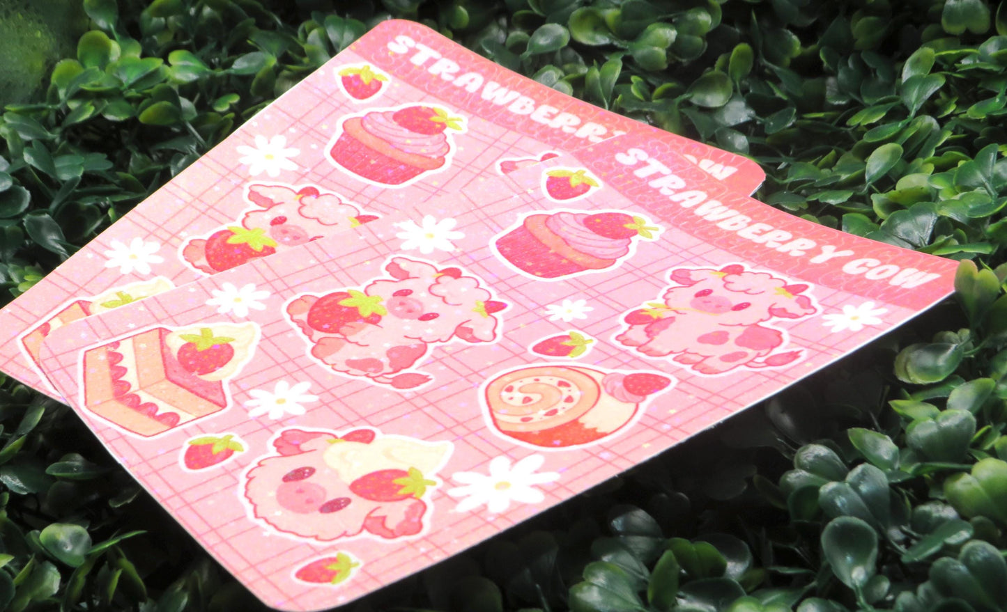 Strawberry Cow Sticker Sheet: Kawaii Vinyl Stickers with Holographic Finish