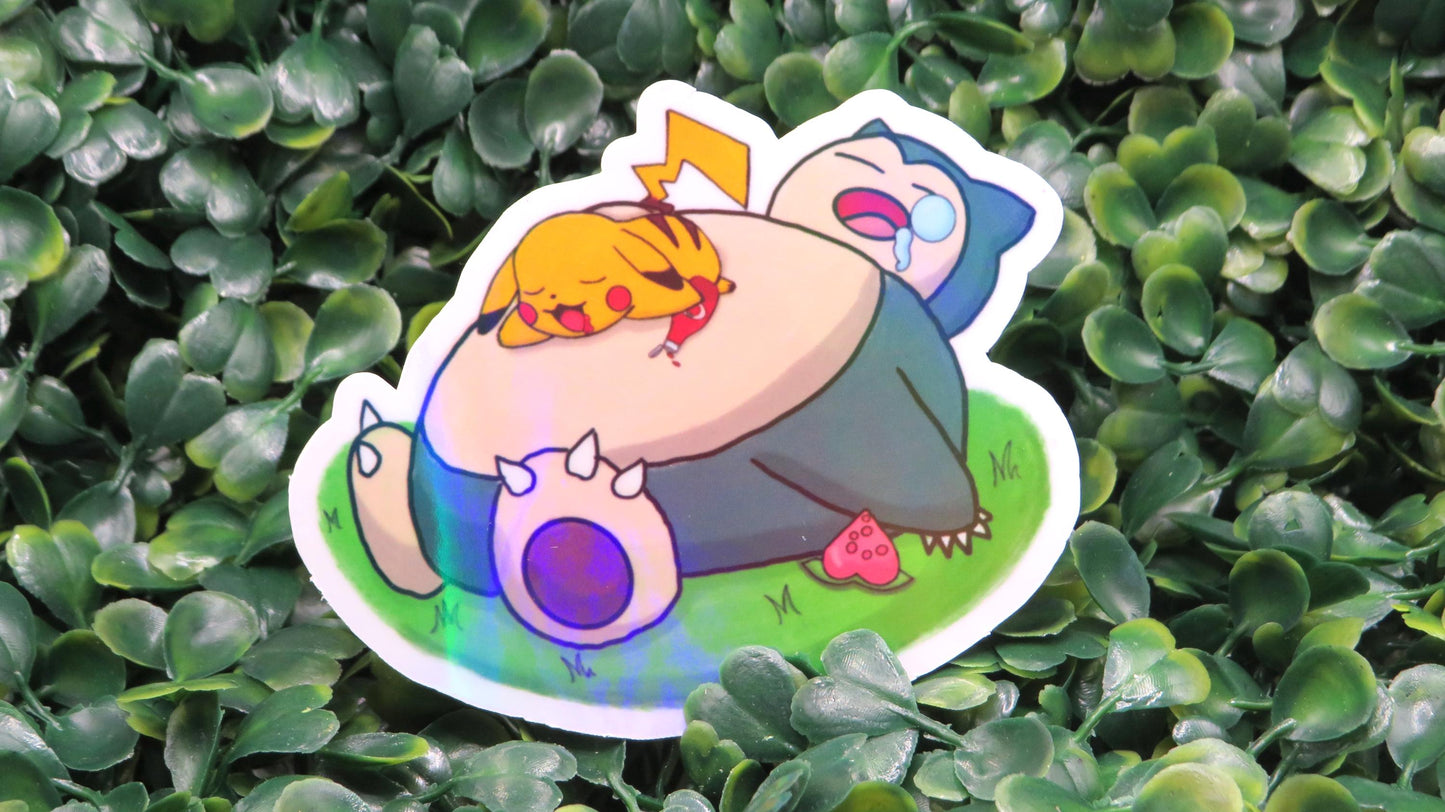 Snorlax & Pikachu Food Coma Sticker: Rainbow Holo Waterproof Vinyl