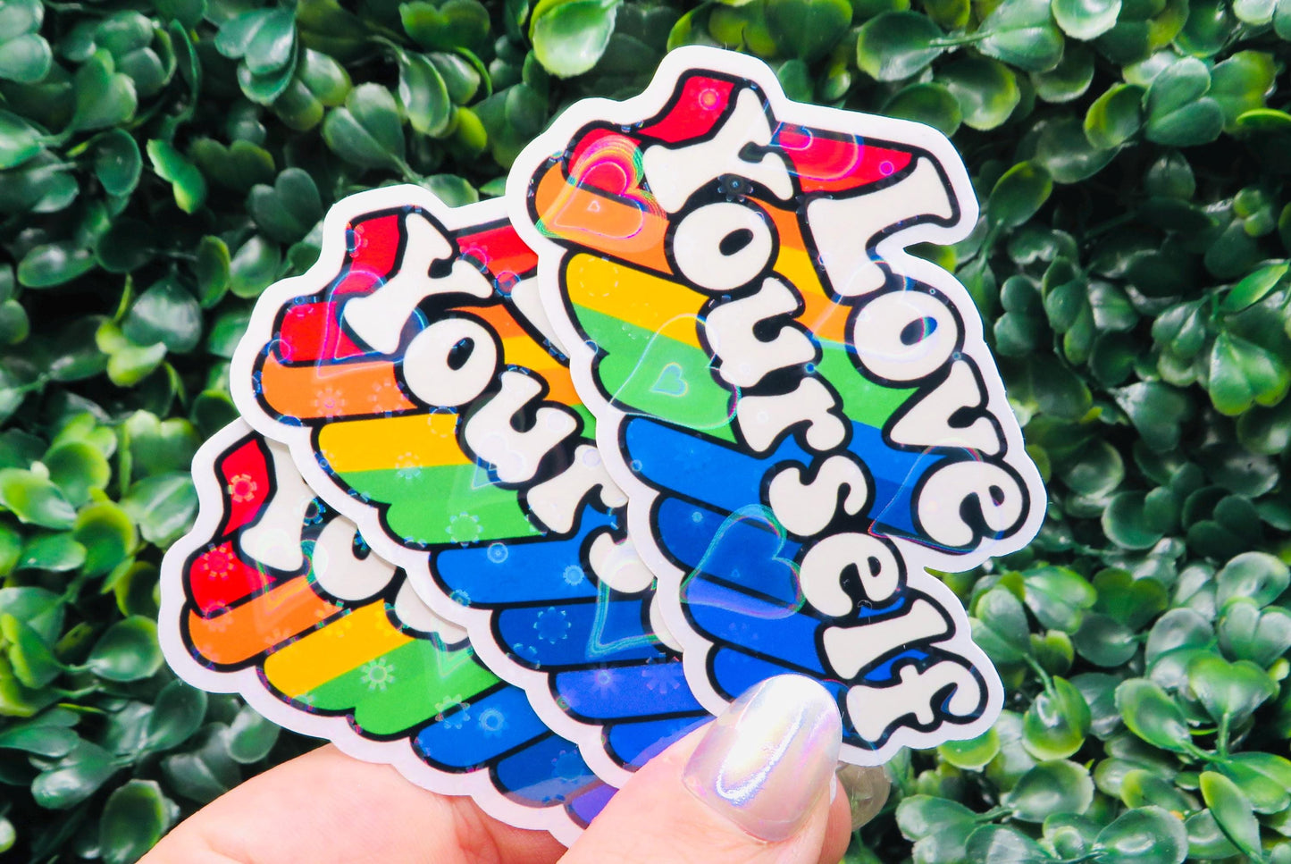 Holographic Rainbow Pride Sticker: Love Yourself Retro Vinyl Decal