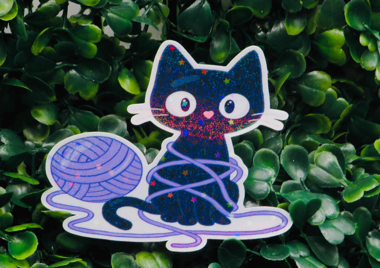 Holographic Black Cat Yarn Sticker: Kawaii Cosmic Kitty Vinyl Decal
