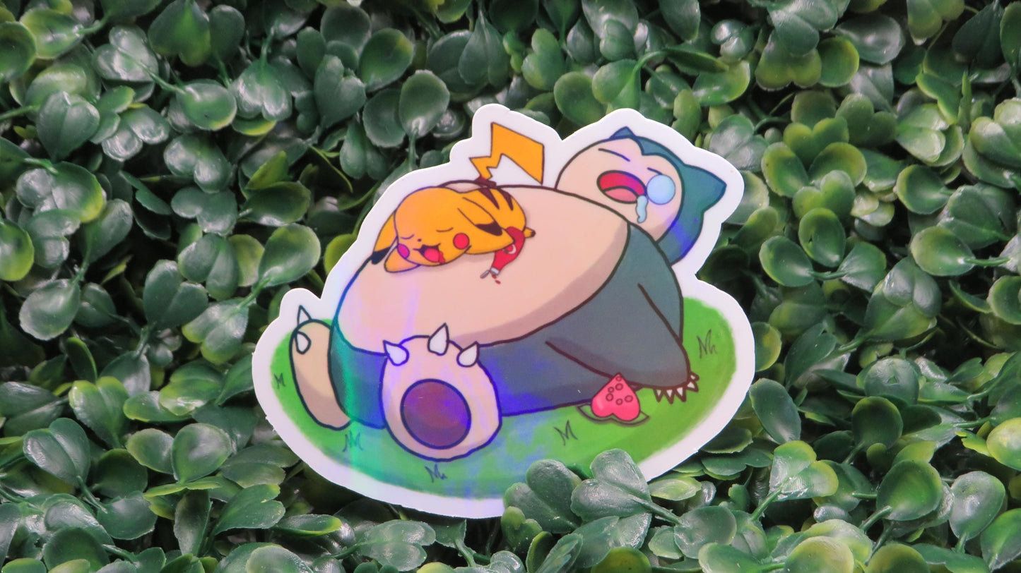 Snorlax & Pikachu Food Coma Sticker: Rainbow Holo Waterproof Vinyl