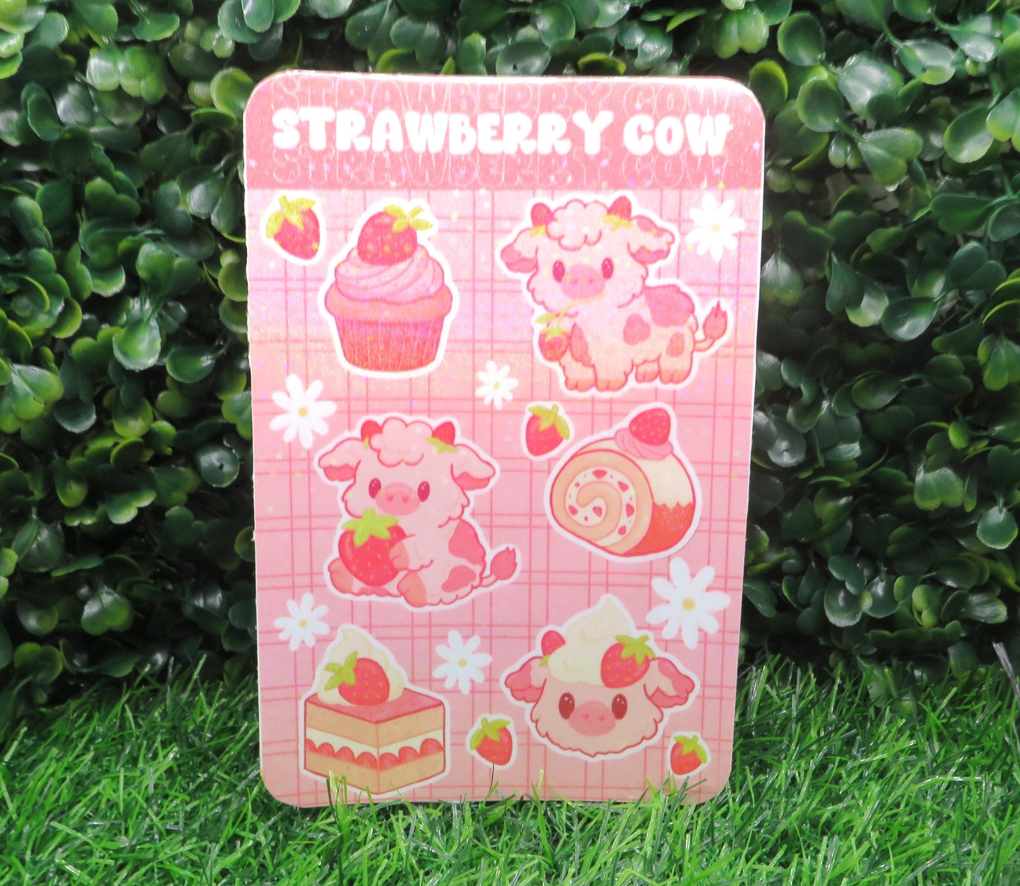 Strawberry Cow Sticker Sheet: Kawaii Vinyl Stickers with Holographic Finish