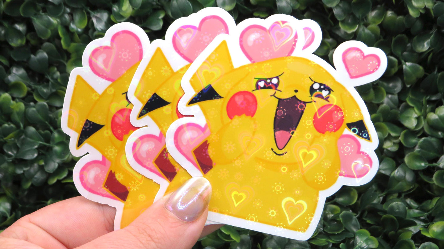 Holographic Pikachu in Love Sticker, Sparkly Hearts Vinyl Sticker , For Pokémon Fans