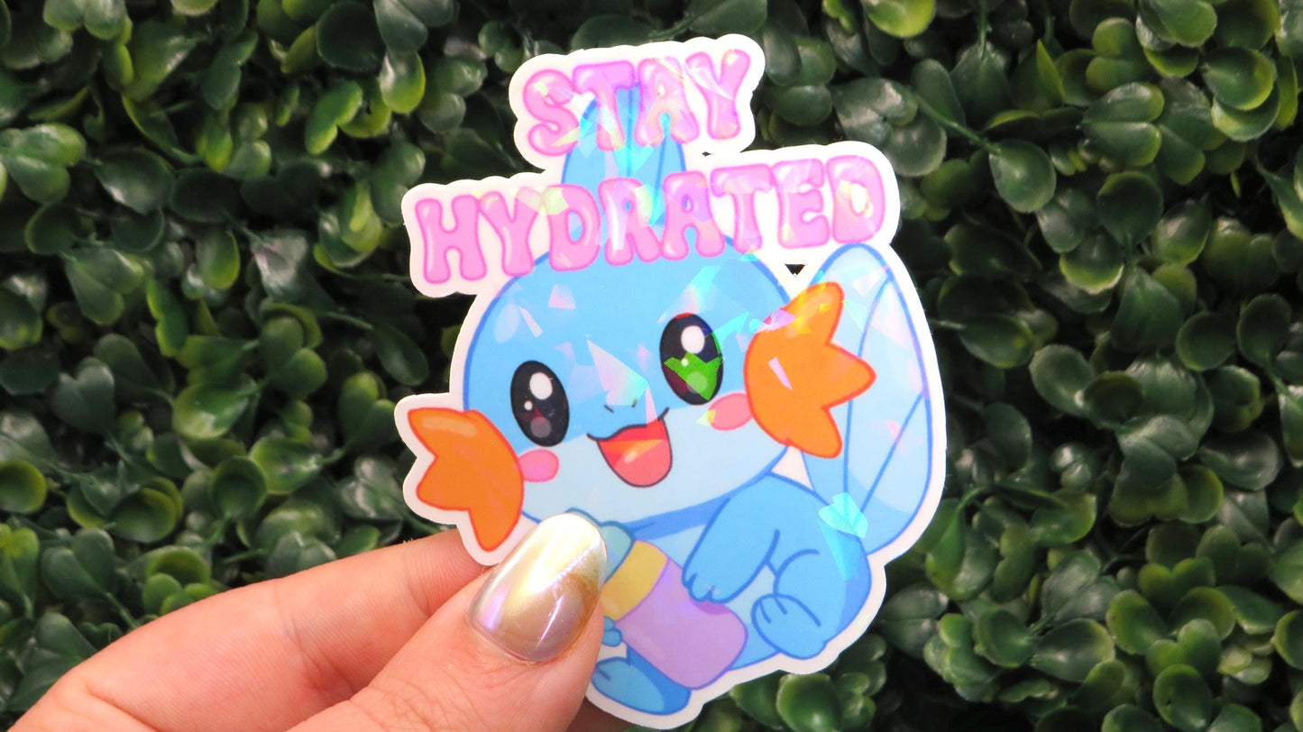 Holographic Mudkip Stay Hydrated Sticker – Sparkly Pokémon-Inspired Vinyl for Water Bottles & Laptops