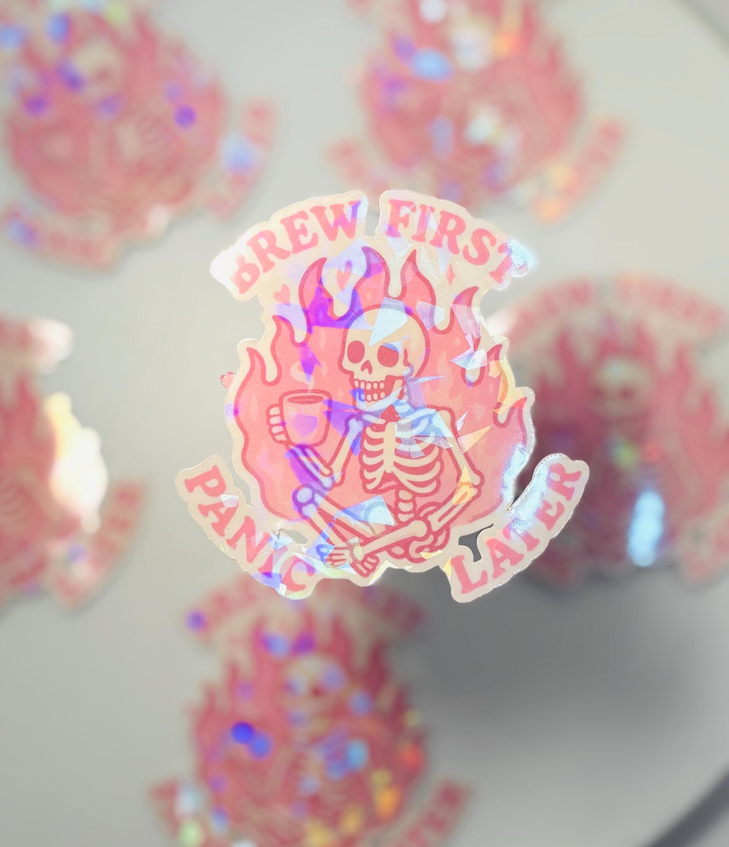 Brew First Panic Later Holographic Sticker: Coffee Skeleton Vinyl