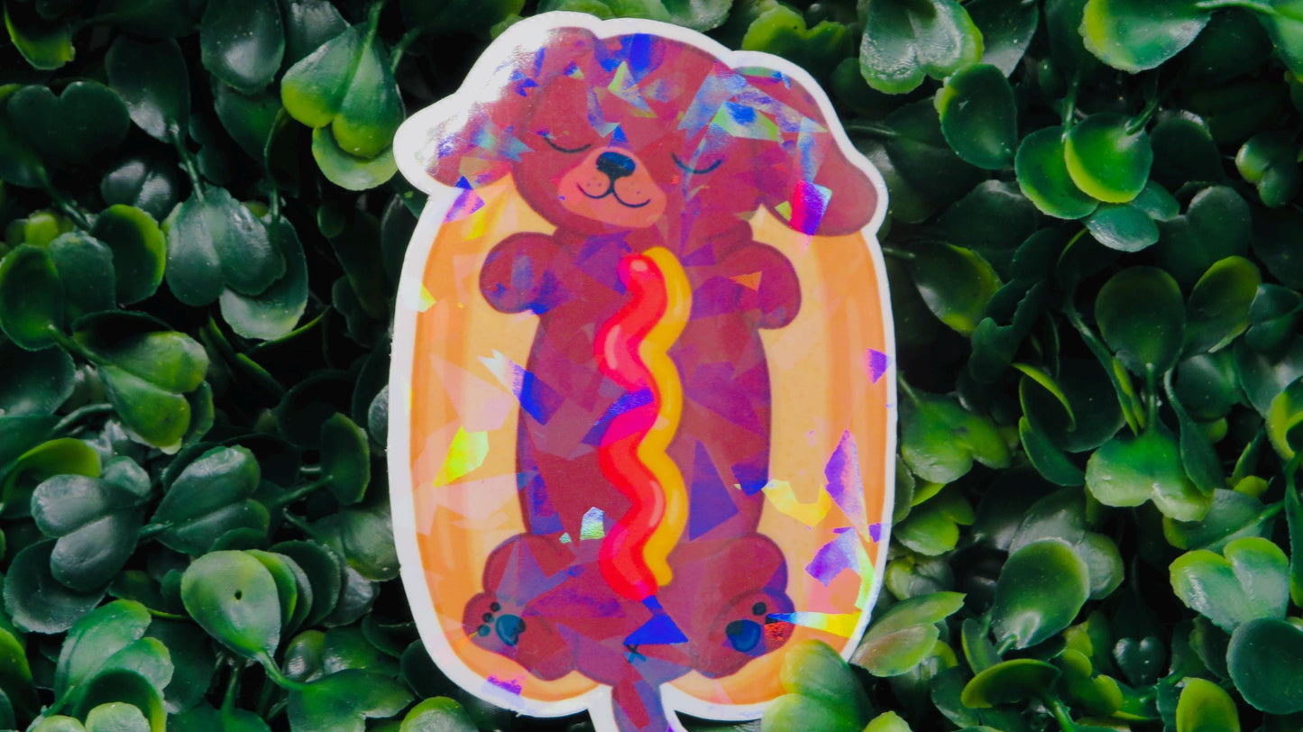 Holographic Hot Dog Puppy Sticker: Funny Waterproof Vinyl Decal