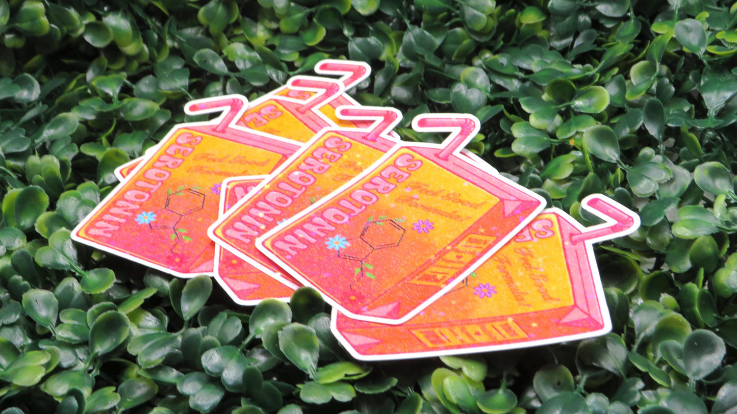 Serotonin Juice Box Sticker: Retro Mental Health Humor, Waterproof Vinyl