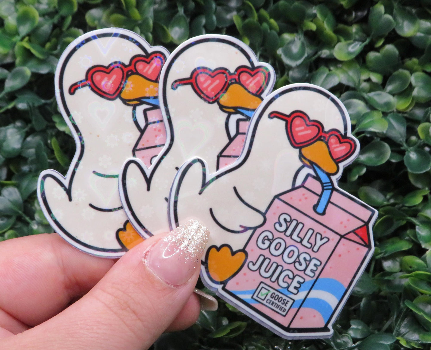 Silly Goose Juice Sticker – Holographic Heart Glasses Duck Drinking Juice Box