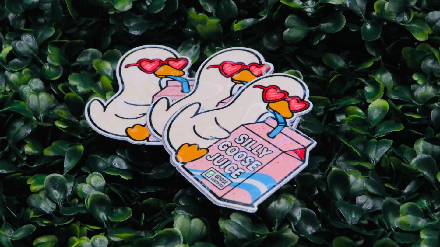 Silly Goose Juice Sticker – Holographic Heart Glasses Duck Drinking Juice Box