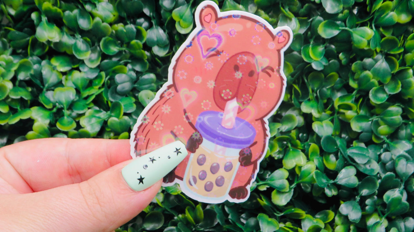 Capybara Boba Sticker: Kawaii Waterproof Vinyl Decal