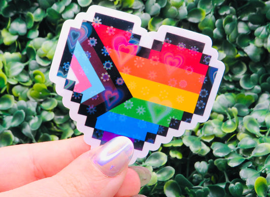 Holographic Pixel Pride Heart Sticker: LGBTQ+ Vinyl Decal