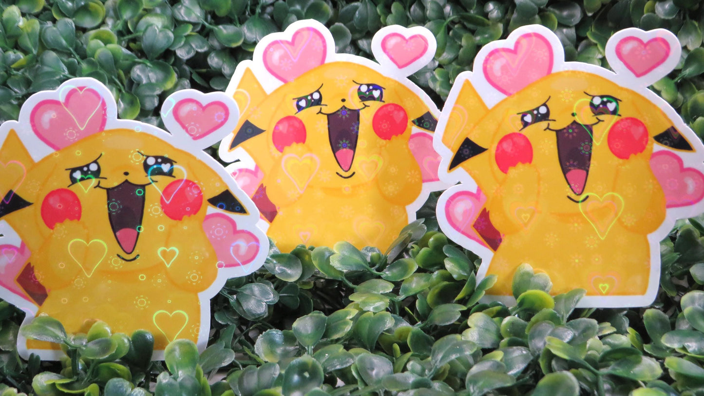 Holographic Pikachu in Love Sticker, Sparkly Hearts Vinyl Sticker , For Pokémon Fans