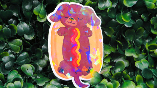 Holographic Hot Dog Puppy Sticker: Funny Waterproof Vinyl Decal