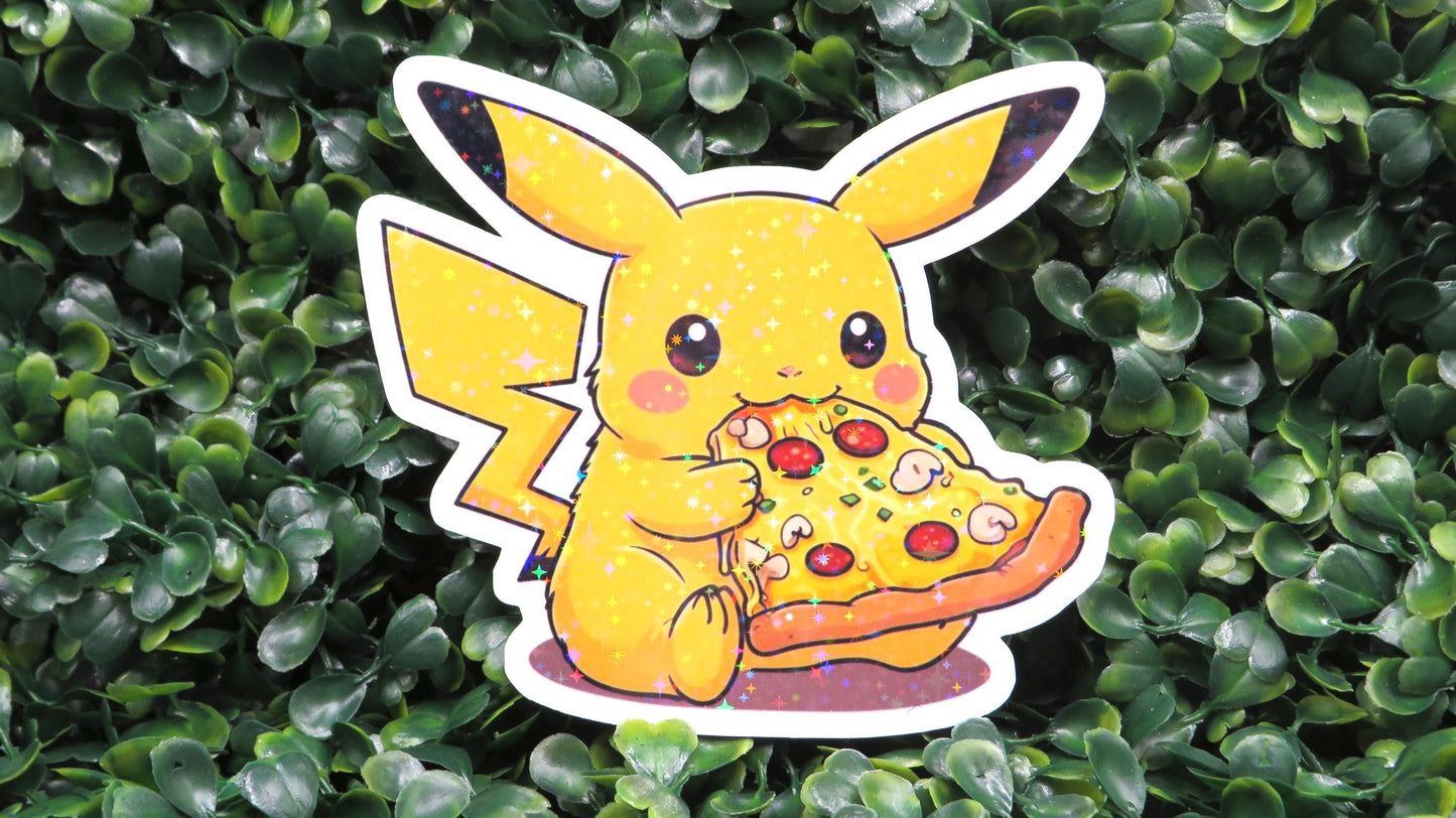 Pika-Pizza Sticker - Adorable Pikachu Eating Pizza Vinyl Decal for Pokémon Fans