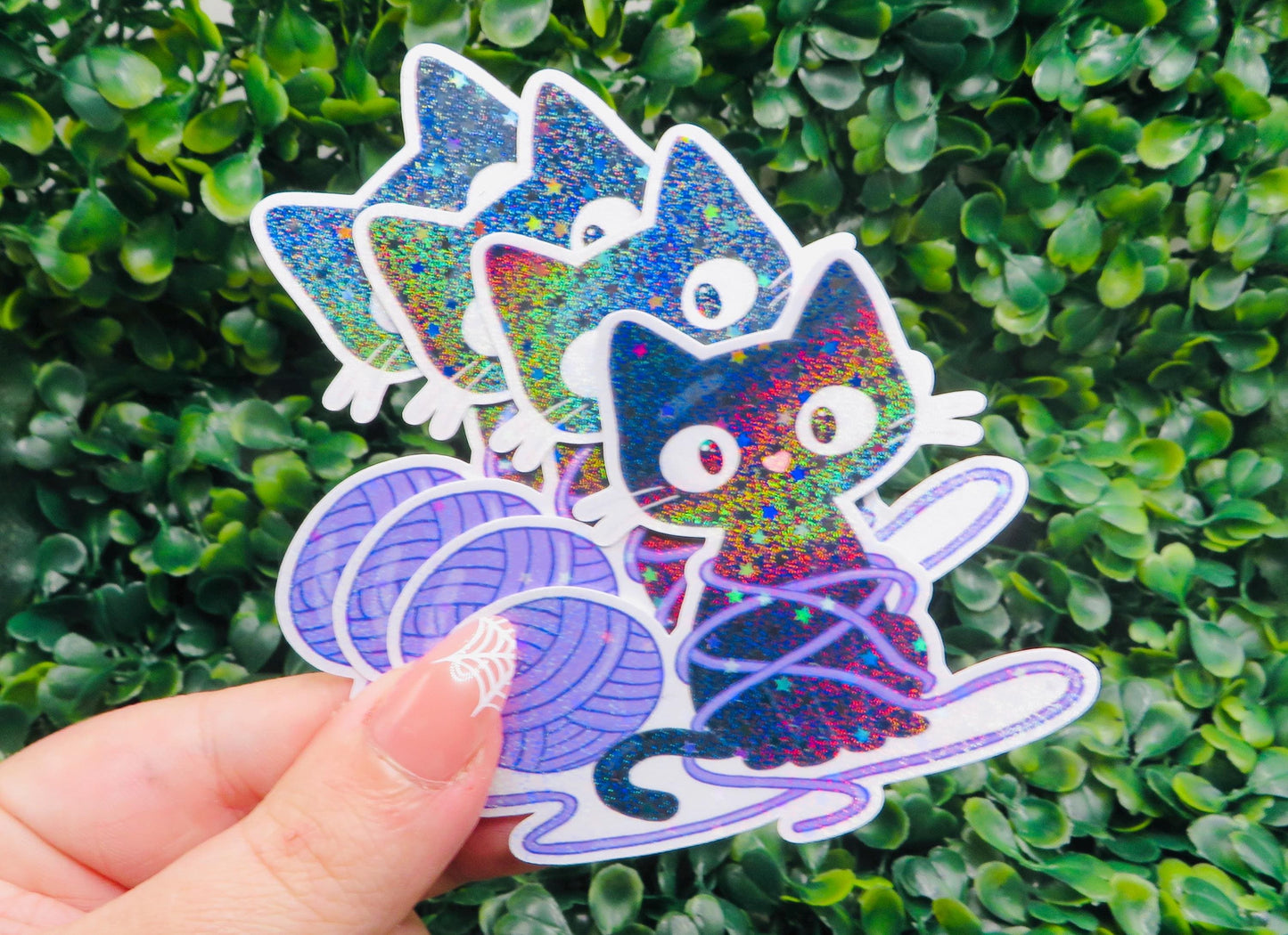 Holographic Black Cat Yarn Sticker: Kawaii Cosmic Kitty Vinyl Decal