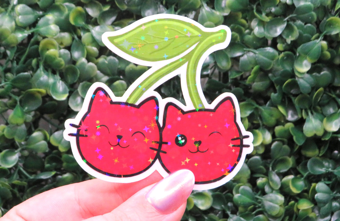 Cherry Cat Sticker: Kawaii Vinyl Decal with Sparkle Star Laminate