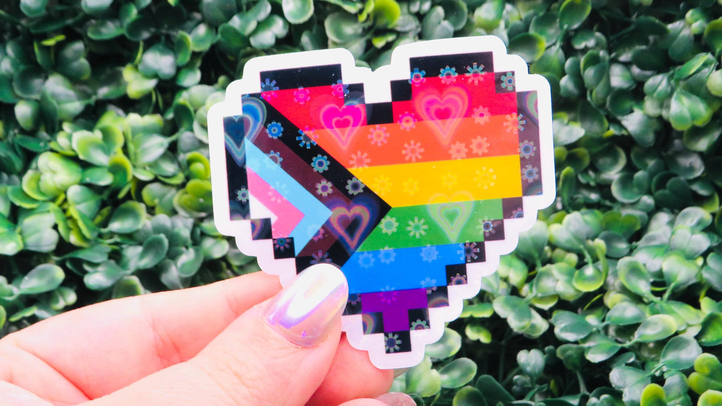 Holographic Pixel Pride Heart Sticker: LGBTQ+ Vinyl Decal
