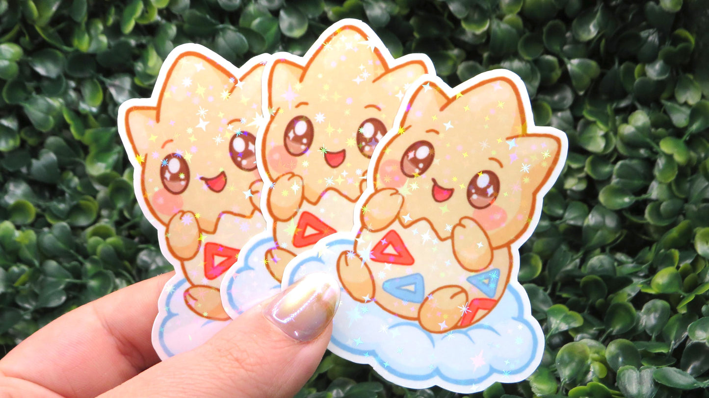 Holographic Cloud Baby Togepi Sticker – Cute Starry Egg Creature Vinyl Decal