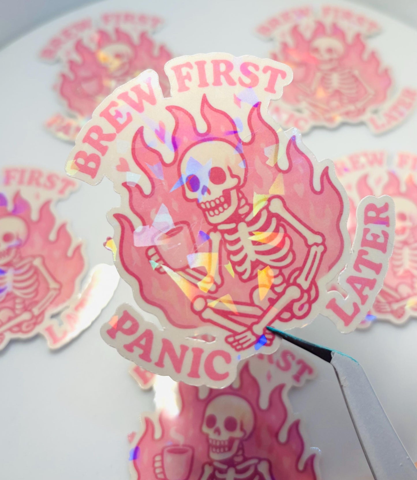 Brew First Panic Later Holographic Sticker: Coffee Skeleton Vinyl