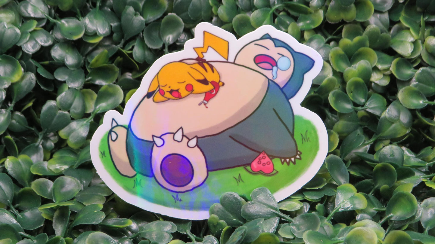 Snorlax & Pikachu Food Coma Sticker: Rainbow Holo Waterproof Vinyl