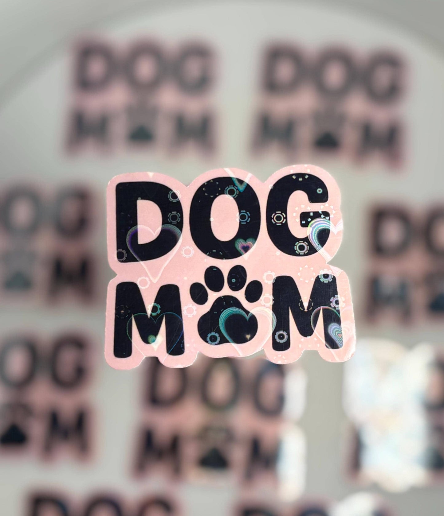 Holographic Dog Mom Sticker: Pink Paw Print, Waterproof Vinyl