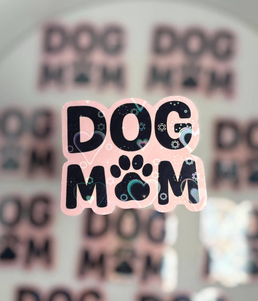 Holographic Dog Mom Sticker: Pink Paw Print, Waterproof Vinyl