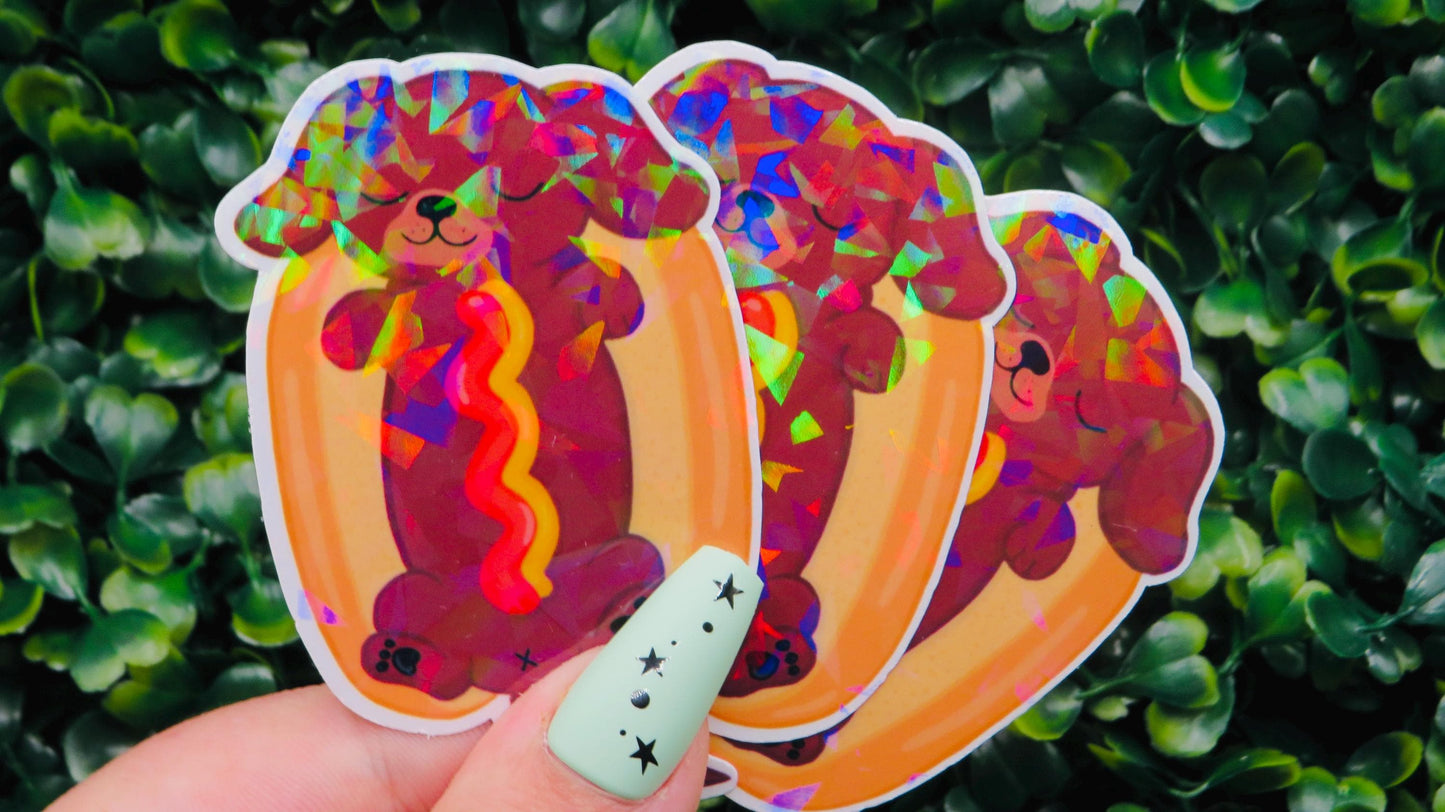 Holographic Hot Dog Puppy Sticker: Funny Waterproof Vinyl Decal