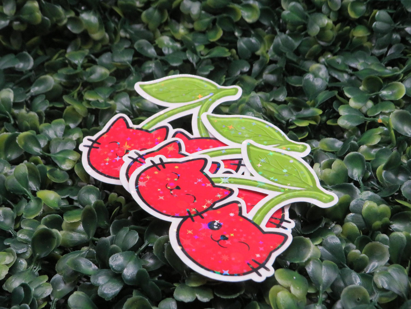 Cherry Cat Sticker: Kawaii Vinyl Decal with Sparkle Star Laminate