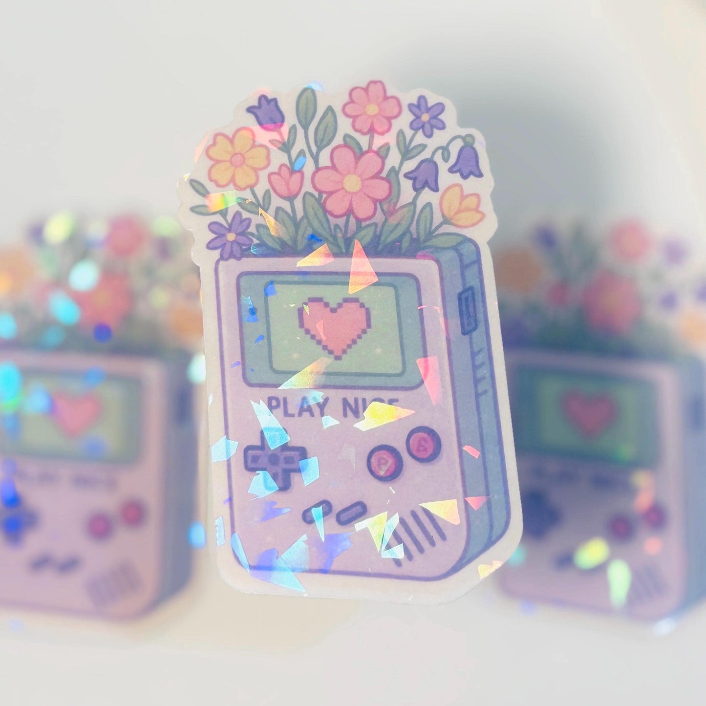 Play Nice Floral Game Console Sticker – Pastel Holographic Vinyl
