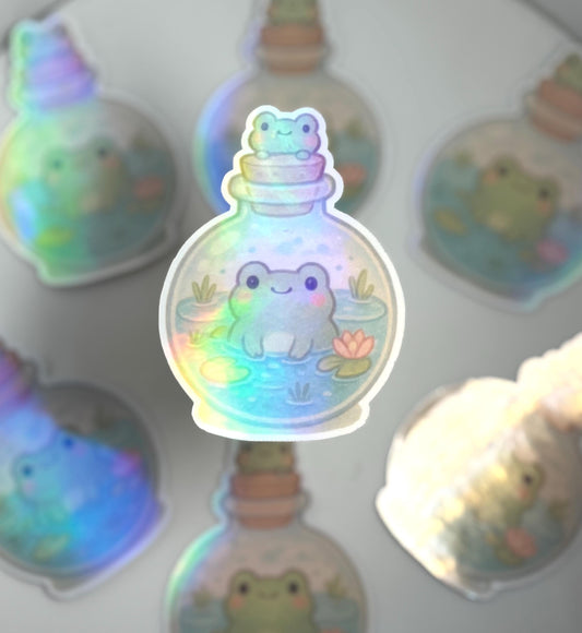 Holographic Frog Sticker: Cottagecore Potion Bottle Vinyl Decal