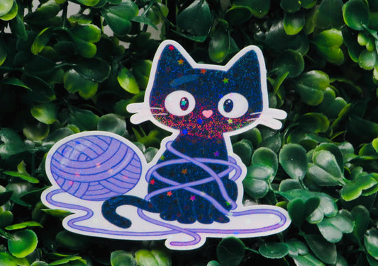 Holographic Black Cat Yarn Sticker: Kawaii Cosmic Kitty Vinyl Decal