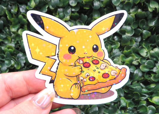 Pika-Pizza Sticker - Adorable Pikachu Eating Pizza Vinyl Decal for Pokémon Fans