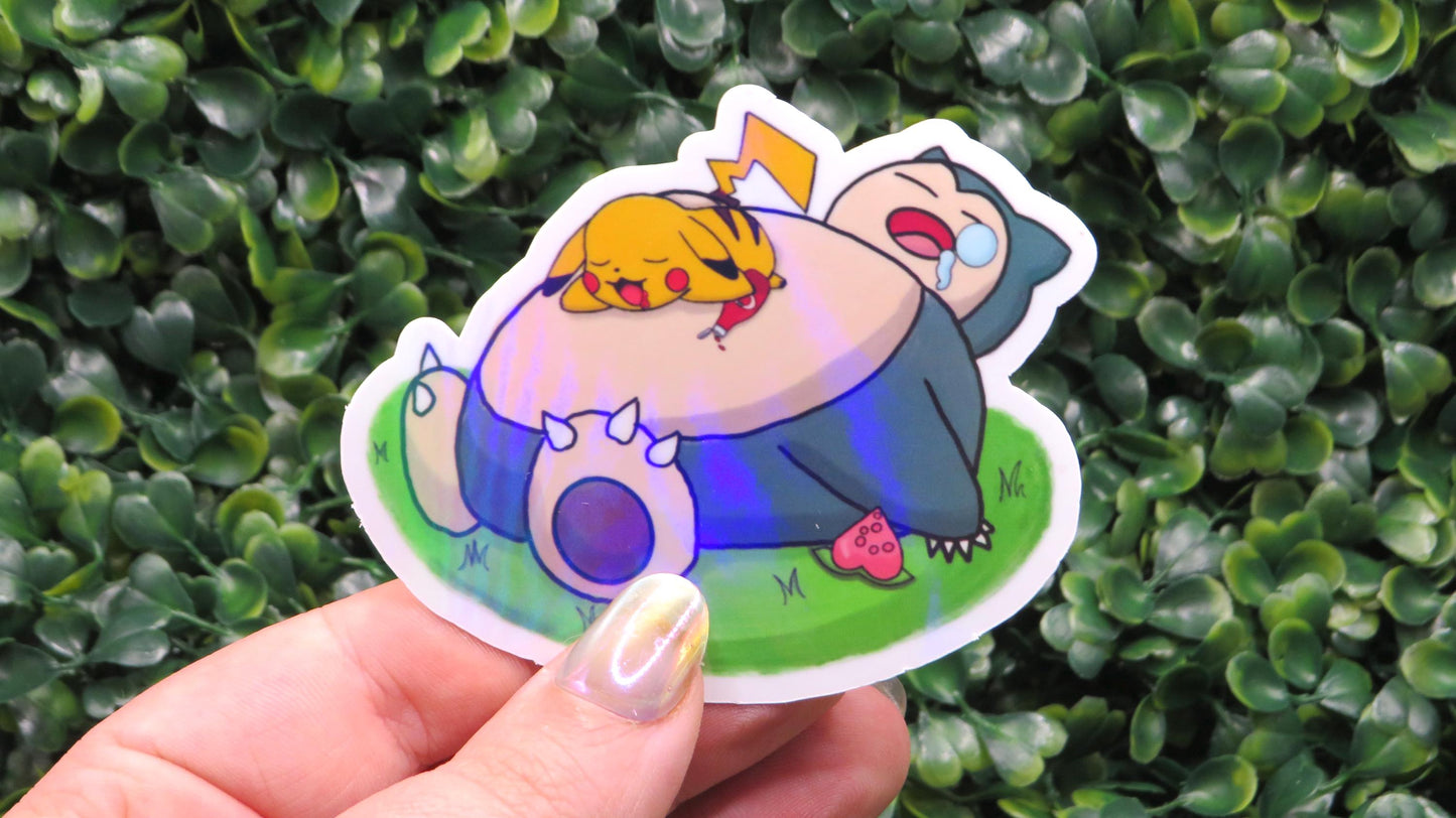 Snorlax & Pikachu Food Coma Sticker: Rainbow Holo Waterproof Vinyl