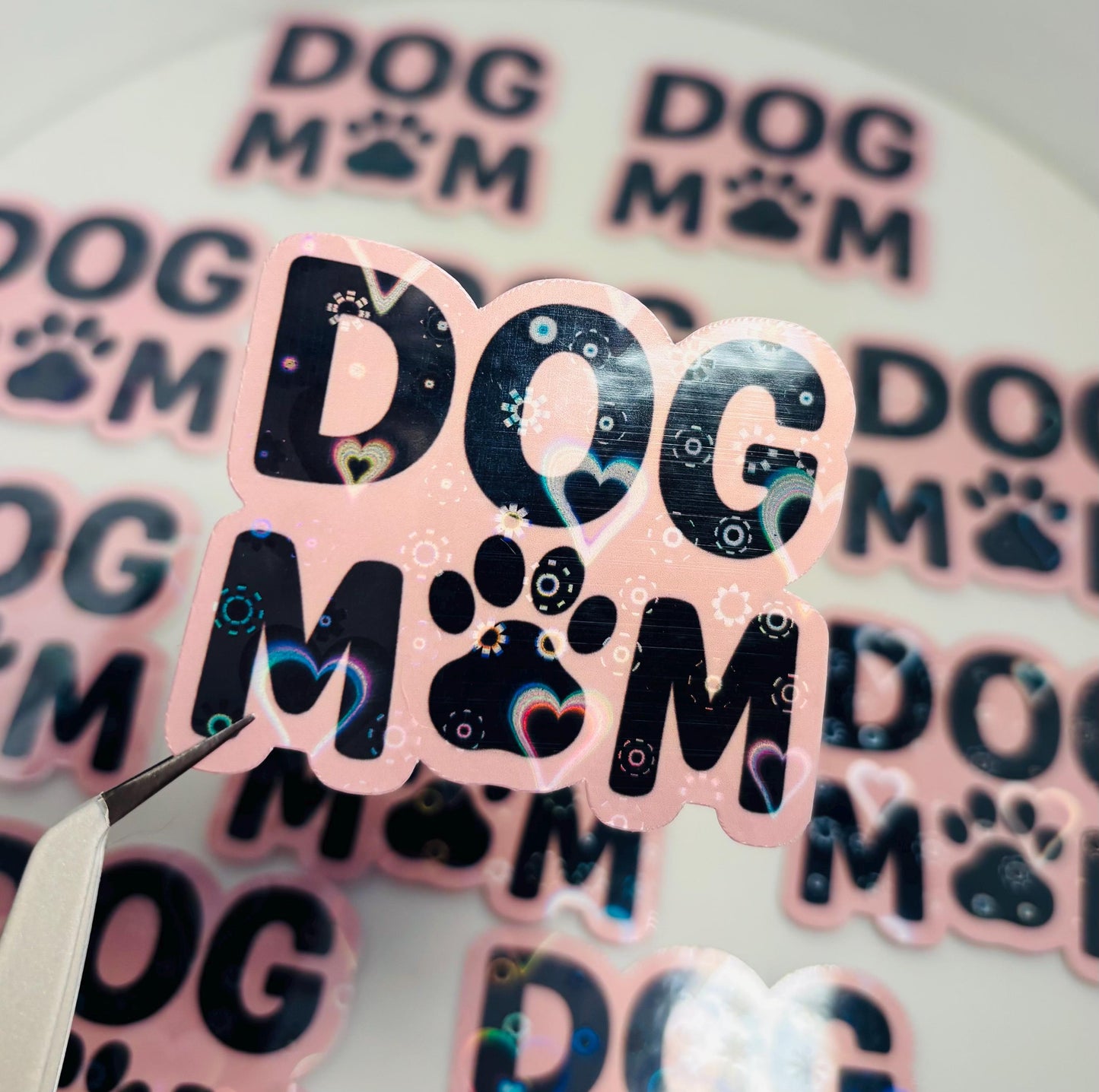 Holographic Dog Mom Sticker: Pink Paw Print, Waterproof Vinyl
