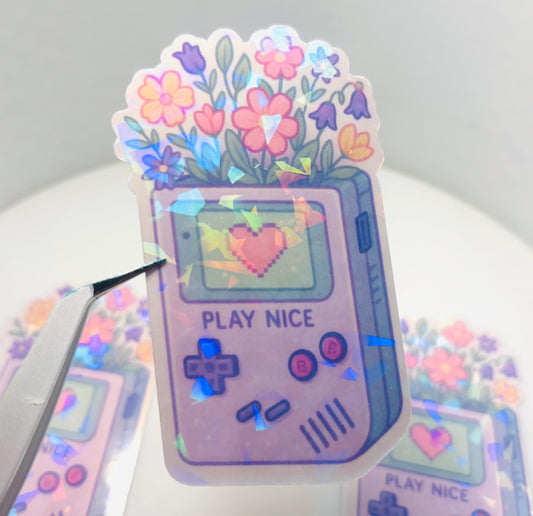 Play Nice Floral Game Console Sticker – Pastel Holographic Vinyl