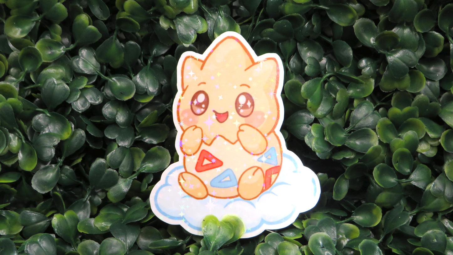Holographic Cloud Baby Togepi Sticker – Cute Starry Egg Creature Vinyl Decal