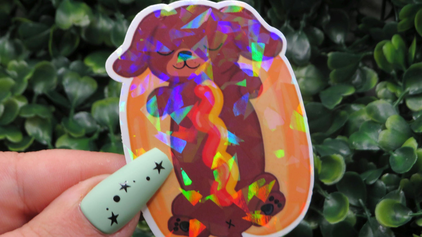 Holographic Hot Dog Puppy Sticker: Funny Waterproof Vinyl Decal