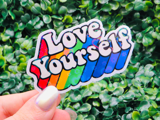 Holographic Rainbow Pride Sticker: Love Yourself Retro Vinyl Decal