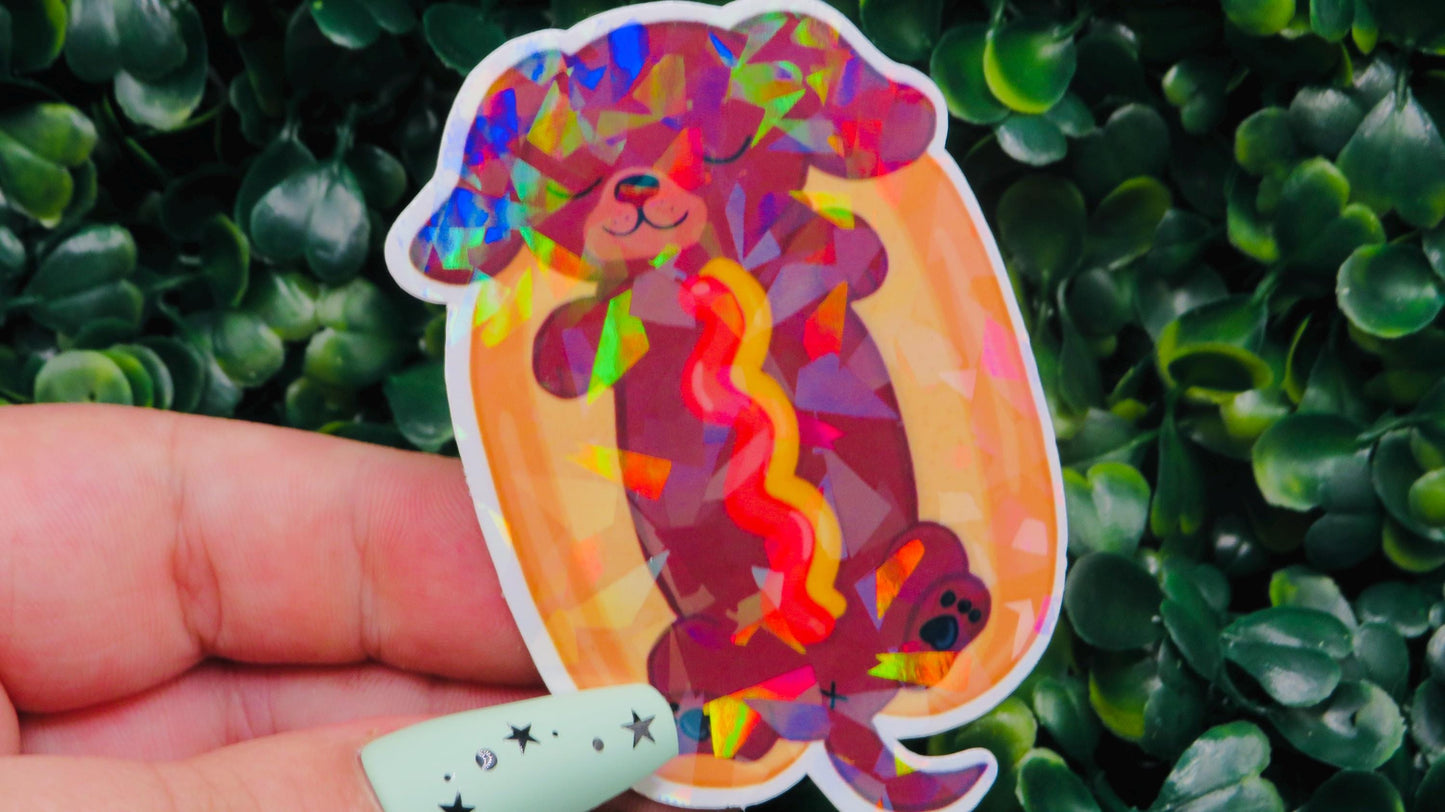 Holographic Hot Dog Puppy Sticker: Funny Waterproof Vinyl Decal