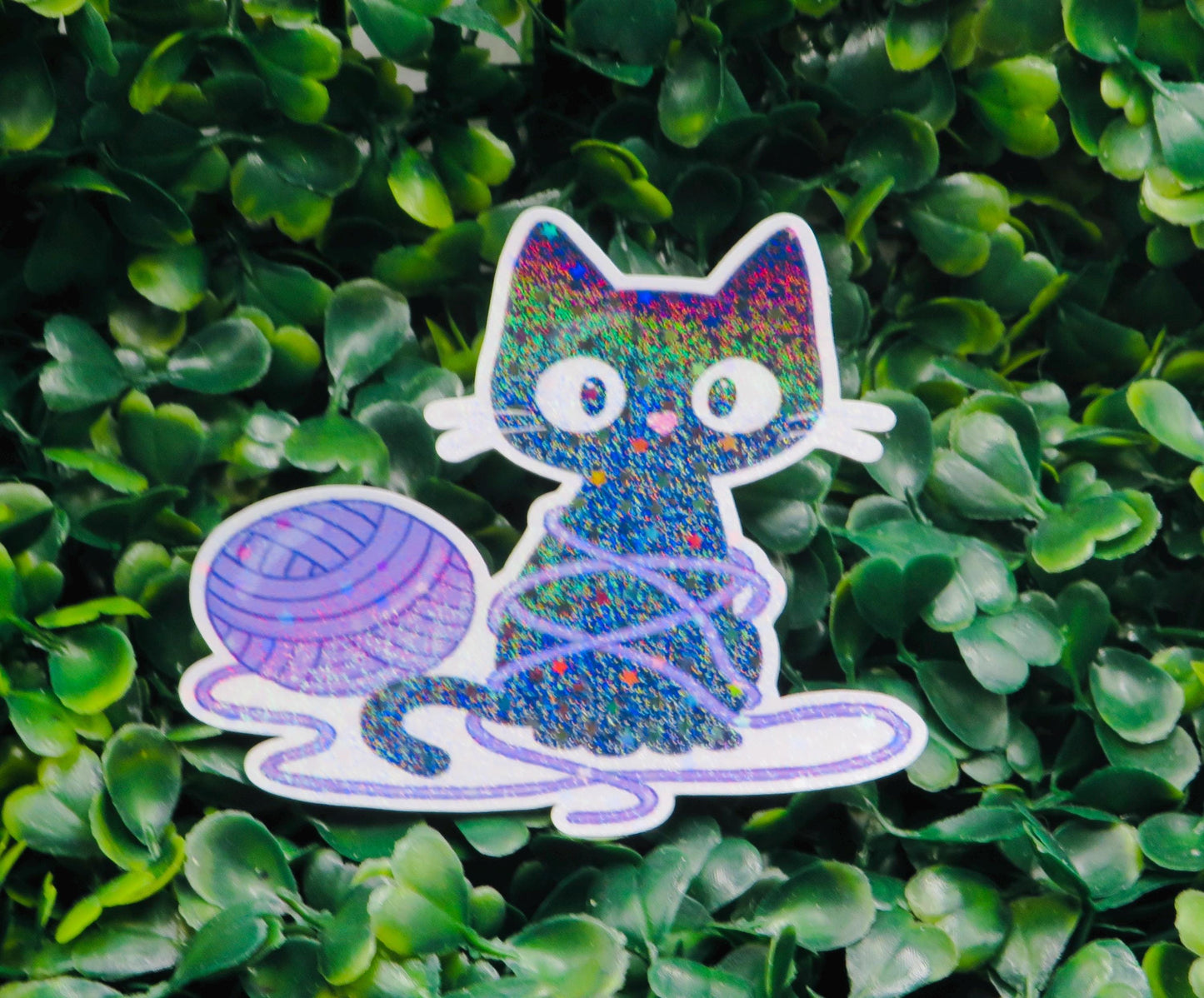 Holographic Black Cat Yarn Sticker: Kawaii Cosmic Kitty Vinyl Decal
