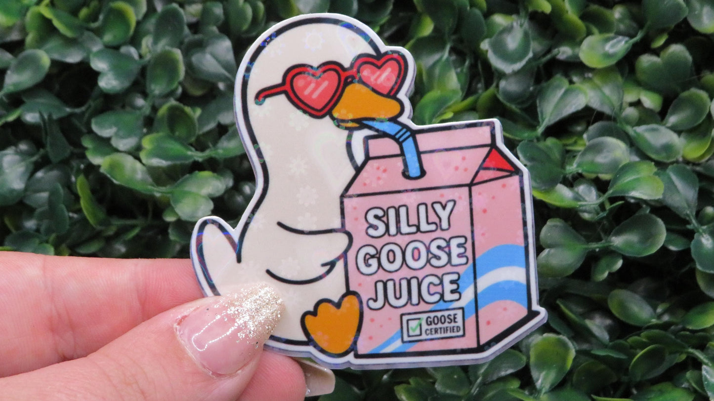 Silly Goose Juice Sticker – Holographic Heart Glasses Duck Drinking Juice Box