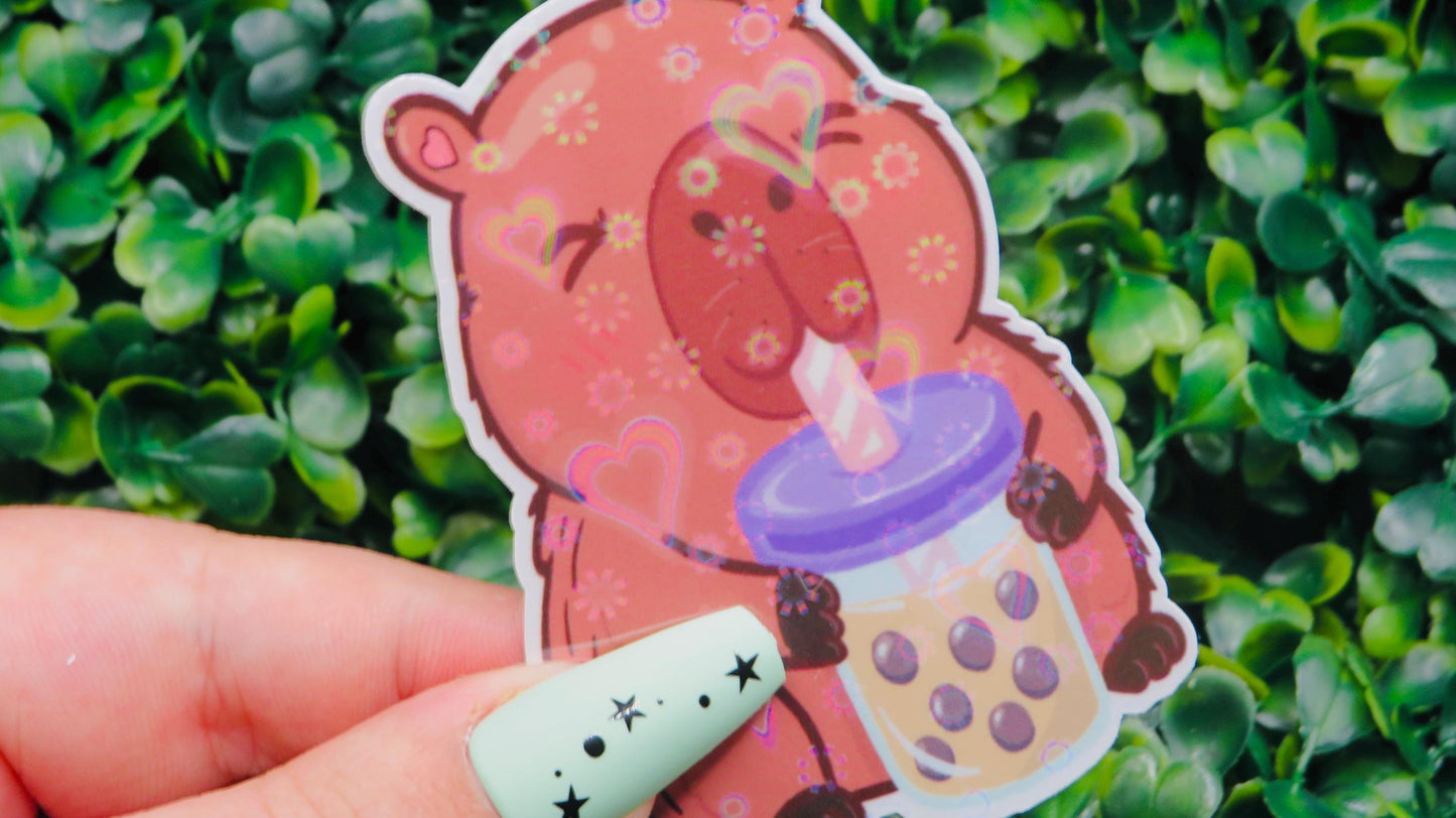 Capybara Boba Sticker: Kawaii Waterproof Vinyl Decal