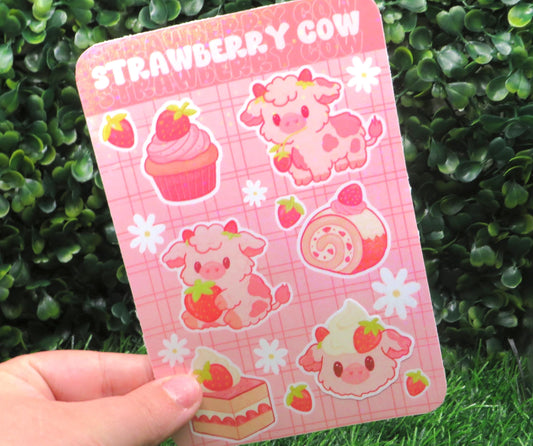 Strawberry Cow Sticker Sheet: Kawaii Vinyl Stickers with Holographic Finish