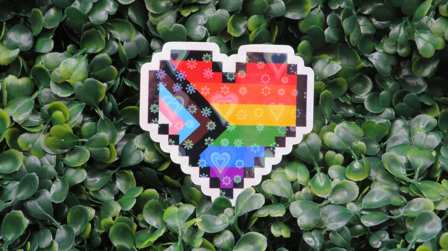 Holographic Pixel Pride Heart Sticker: LGBTQ+ Vinyl Decal