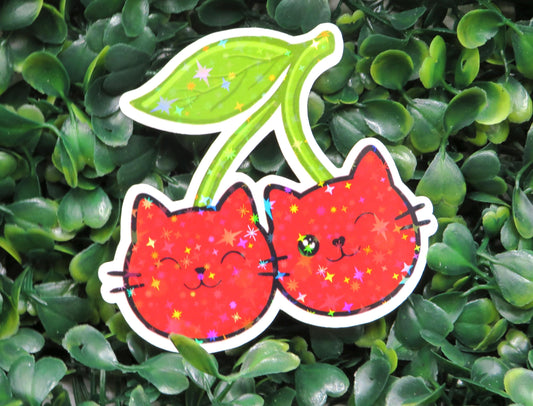 Cherry Cat Sticker: Kawaii Vinyl Decal with Sparkle Star Laminate